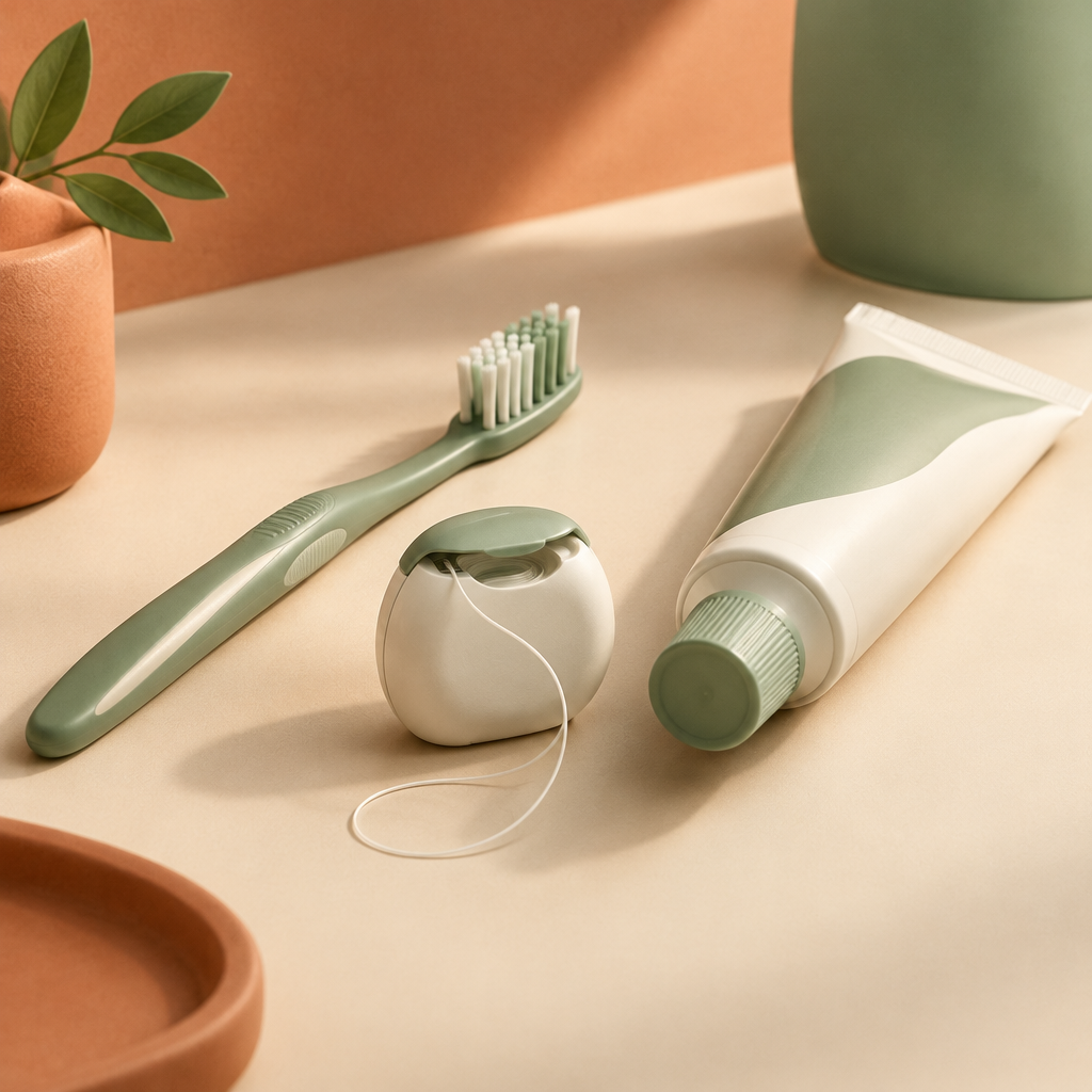 Educational illustration of a toothbrush, floss and toothpaste — daily oral care, Dental Health Care & Implant Centre, Gaya